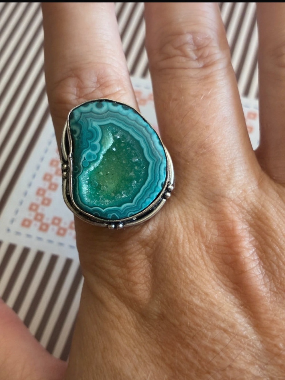 925 Silver Sliced Agate Vintage STYLE Ring 9.5